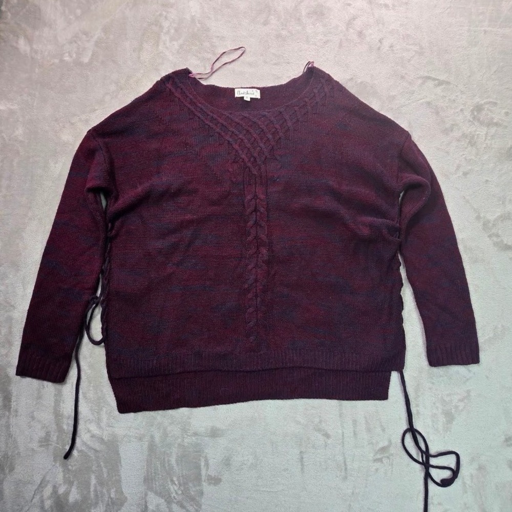 Cloudchaser Womens XL Burgundy Space Dye V-Neck Lace Up Side Cable Knit Sweater